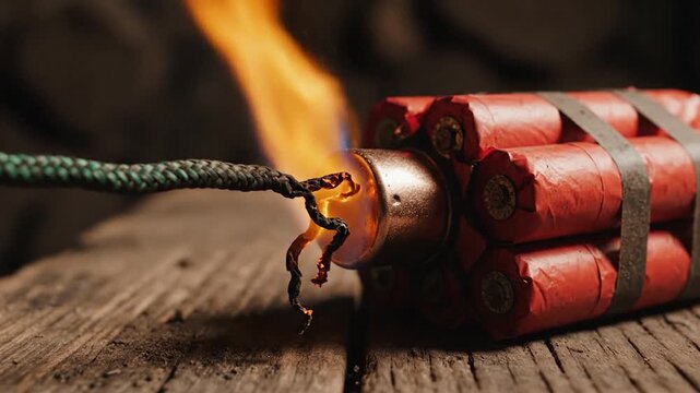 A bundle of red dynamite sticks with a burning fuse igniting sparks on a wooden