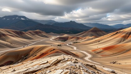 Dramatic Desert Landscape with Winding Road and Stormy Skies