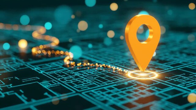 Abstract digital map with a prominent orange location pin highlighted on a glowing circuit board grid. Bokeh lights add a futuristic ambiance.