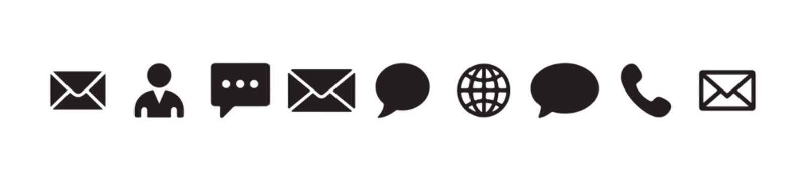 Assortment of solid black icons showing contact methods like mail chat phone person location and globe