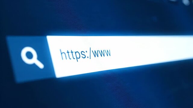 A close-up of a glowing blue digital search bar interface with a magnifying glass icon. The background features abstract blue digital network patterns.