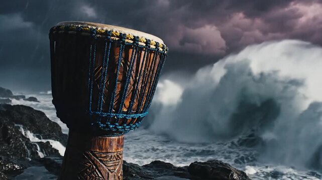 Wooden djembe drum on a dark y shore with powerful stormy waves.