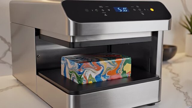 A sleek, stainless steel appliance with a digital display, on a marble counter