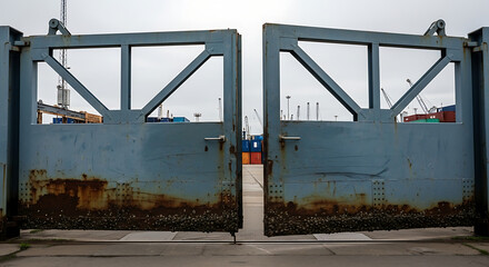 Open metal gates reveal a glimpse of the industrial landscape beyond.