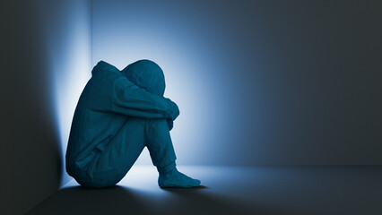 Sad man sitting alone in corner mental health concept copy space. 3d rendering