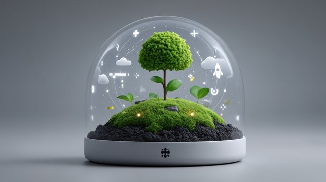 A small, green tree and plants grow on a mossy hill inside a futuristic glass dome with weather and space icons floating around it.