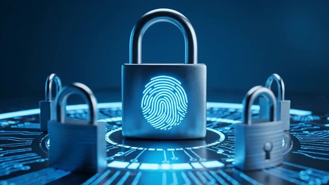 A central padlock displaying a glowing blue fingerprint is surrounded by other padlocks on a dark, futuristic digital circuit board background with neon blue lights.