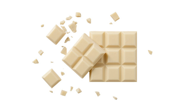 White chocolate bars and chunks floating in air