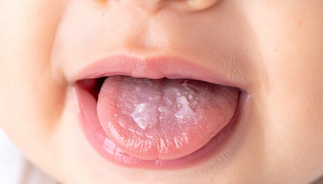 Close-up of a baby's mouth showing white patches on their tongue, indicating oral thrush