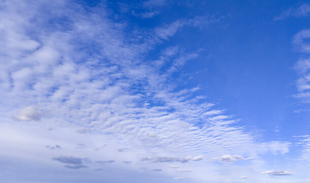 Sky design template backdrop. A clear blue sky with fluffy white clouds. Clouds and blue sky in windy weather. Serene sky view.