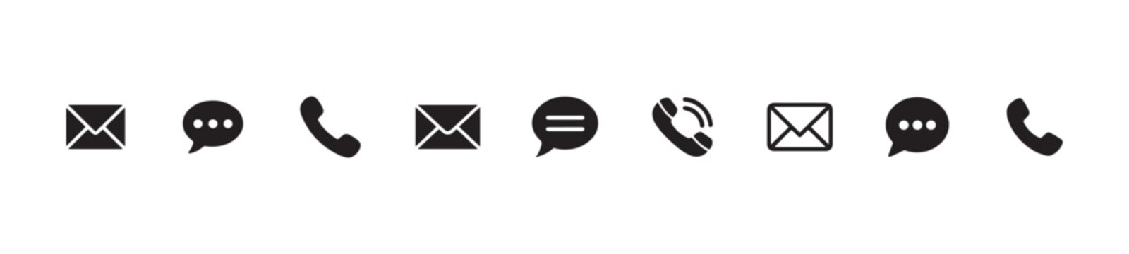 Collection of simple black communication icons representing mail chat and telephone contact methods