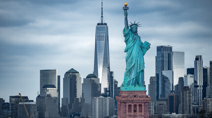 Manhattan panorama with towers and Liberty Statue. NYC panorama with Liberty Statue Liberty in...