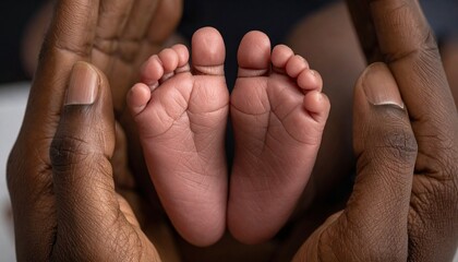Close-up of a newborn baby's delicate feet, gently cradled in warm adult hands, symbolizing the profound love, protection, and tender beginnings of a new life