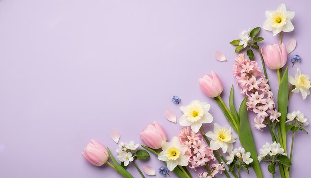 Spring flowers flat lay with tulips and daffodils on purple background