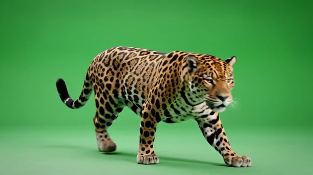 A majestic jaguar with spotted fur walks gracefully across a vibrant green screen studio background, showcasing its powerful build.