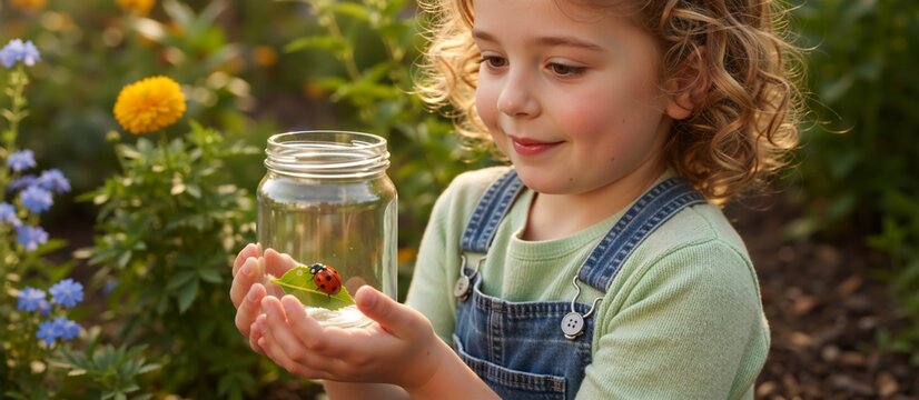 A curious young girl holding a glass jar and a leaf with a ladybug in a summer garden. Childhood discovery and learning about nature