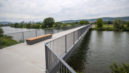 Modern pedestrian bridge over a river with a minimalist bench. Urban infrastructure and nature integration on an overcast day