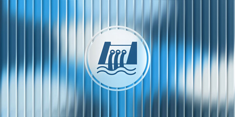 Hydroelectric power dam icon on blue glass background, renewable energy and sustainable water power generation concept, green environment and clean electricity