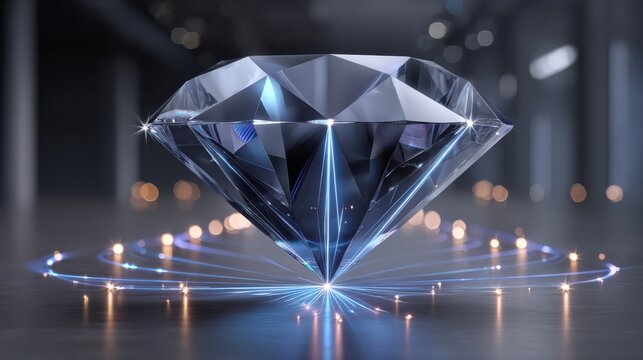 A brilliantly cut diamond with sharp facets glows amidst a circle of small illuminated points on a reflective surface in a dark, modern setting.