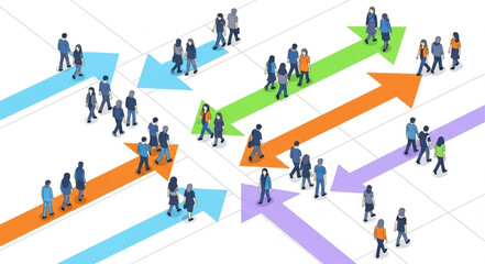 Diverse group of people walking in different directions on arrows.