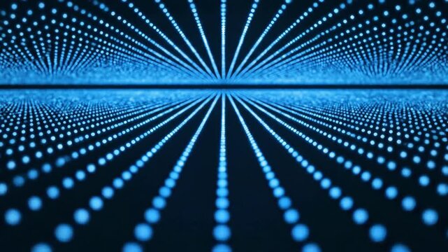Abstract perspective of blue dots leading to horizon glowing background