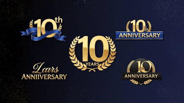 Five elegant golden 10th anniversary logo designs with ribbons and laurel wreaths on a dark blue background, celebrating a decade milestone.