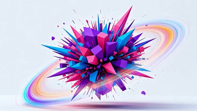 Purple and blue geometric explosion with swirling lines on light background