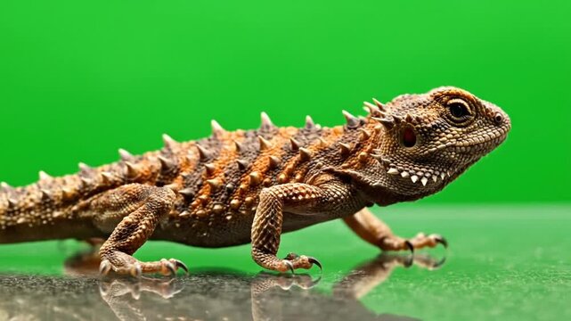 A close-up profile shot of a spiky brown lizard with intricate scales, walking on a reflective surface against a vibrant green background.