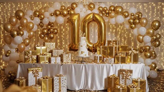 Luxurious 10th anniversary or birthday celebration setup with gold and white balloons, gifts, and cake.