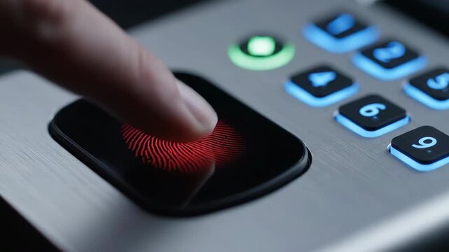 Close-up of a finger touching a biometric fingerprint scanner, with a red illuminated fingerprint pattern. A keypad with blue illuminated buttons is visible.