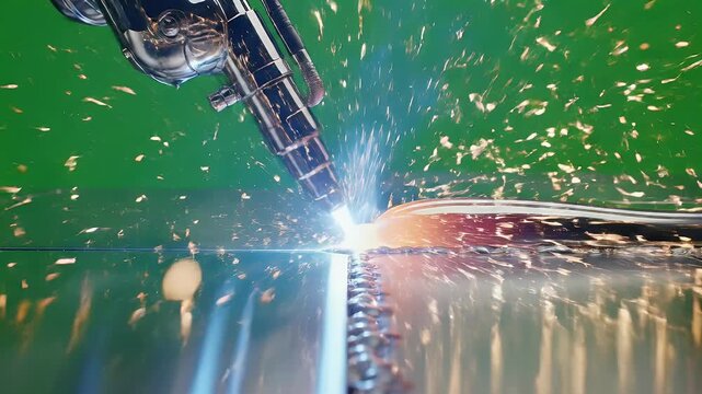 A detailed image of a metal cutting machine in action with sparks against a green backdrop