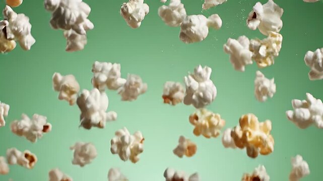 A close-up view of fluffy, freshly popped kernels of popcorn, against a soft, subtle green background