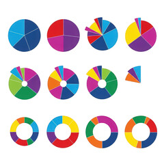 Collection of colorful pie charts and donut charts isolated on transparent background