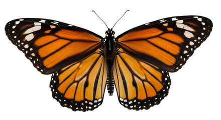 Fototapeta premium A monarch butterfly with transparent background spreads its vibrant orange wings with black veins and white spots, showcasing its delicate beauty