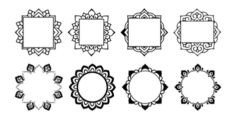 Fototapeta premium Set of decorative mandala frames and ornamental floral borders in black outline style for wedding invitations, branding, packaging, and elegant design projects