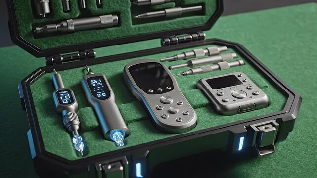 A high-tech toolbox, opened to show metallic tools, devices, and instruments arranged on green felt