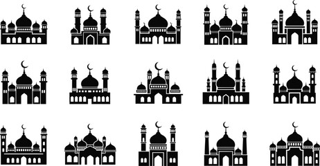 Black and white mosque with crescent moons and domes © MdRiaj