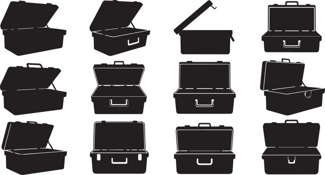 Collection of black briefcase silhouettes in various positions open