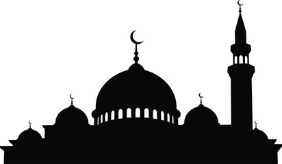 Black silhouette of mosque with domes and minaret white © MdRiaj