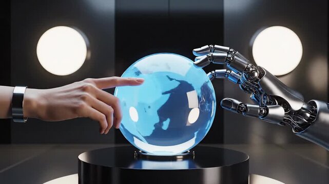Human and robot hand reaching for a crystal ball on a pedestal