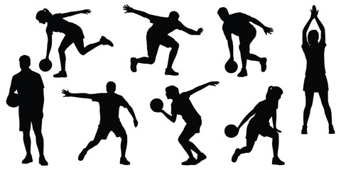 Bowling silhouettes set, players throwing ball and striking pins in action poses, sport competition symbols, alley game elements, dynamic athlete shapes, clean black vector illustration isolated. © MSTMOMENA