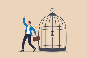 A businessman with a briefcase walking away from a large open birdcage and celebrating his freedom Vector, illustration © Design gallery