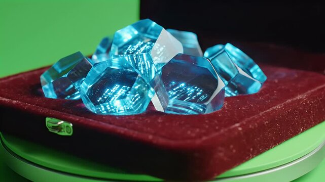 Glowing faceted gemstones rest in a velvet-lined case, on a green surface