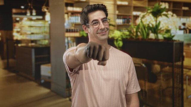 Man with outstretched fist toward camera in building, wearing glasses and a pink tshirt while smiling and pointing directly; friendly greeting.