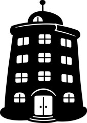 Stylized building with rounded shape, multiple windows, and dome on top, representing whimsical architectural design