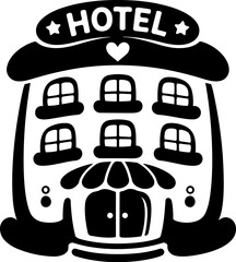 Hotel building illustration with welcoming design, featuring multiple windows and charming entrance