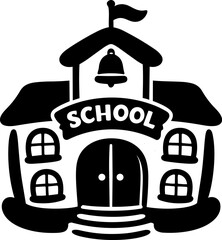 School building illustration with bell and flag, representing education and learning