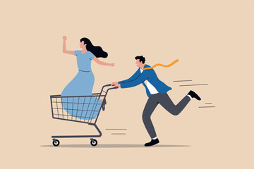 A man in business attire pushes a woman in a shopping cart with speed and joy Vector, illustration