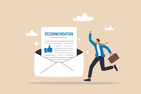 Businessman running joyfully with a positive recommendation letter coming out of an envelope Vector, illustration