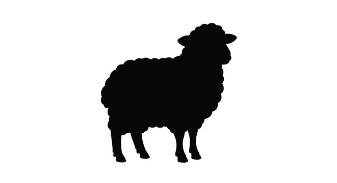 A black silhouette of a fluffy sheep standing in profile silhouette